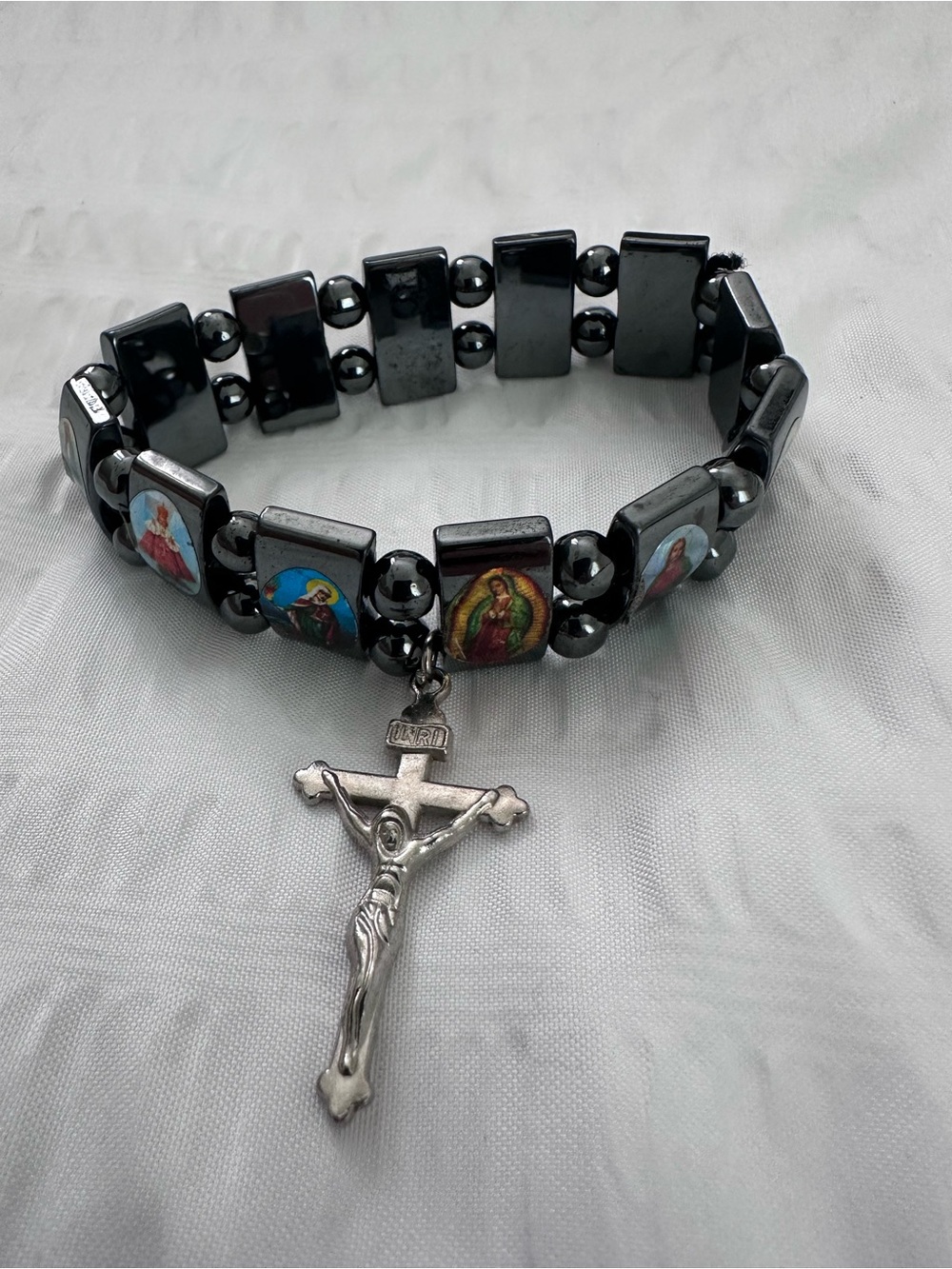 Black Religious Hematite Stretch Bracelet with Crucifix Charm